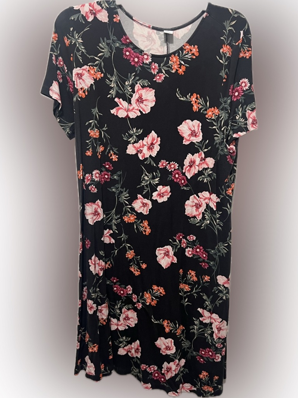 Floral Black Short Sleeve Women’s Swing Dress - Pink & Orange Flowers